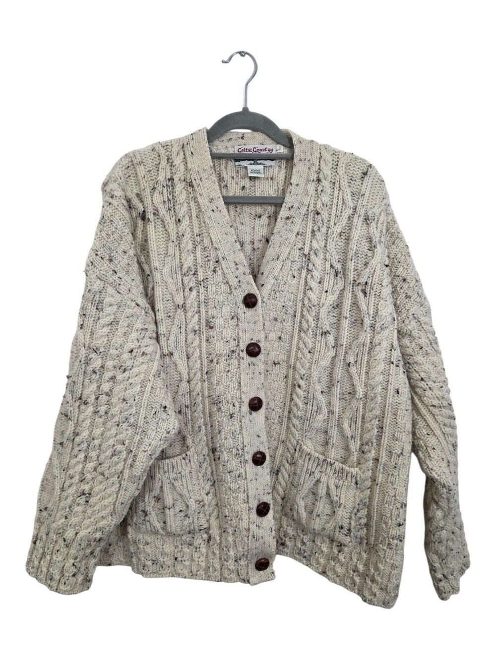 100% Wool Celtic Country Cardigan Sweater Made in Ireland Large Fisherman Chunky